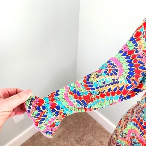 Joy Joy Colorful Geometrical Long Sleeve Midi Dress Scoop Neck Open Back Size XS - Picture 3 of 8